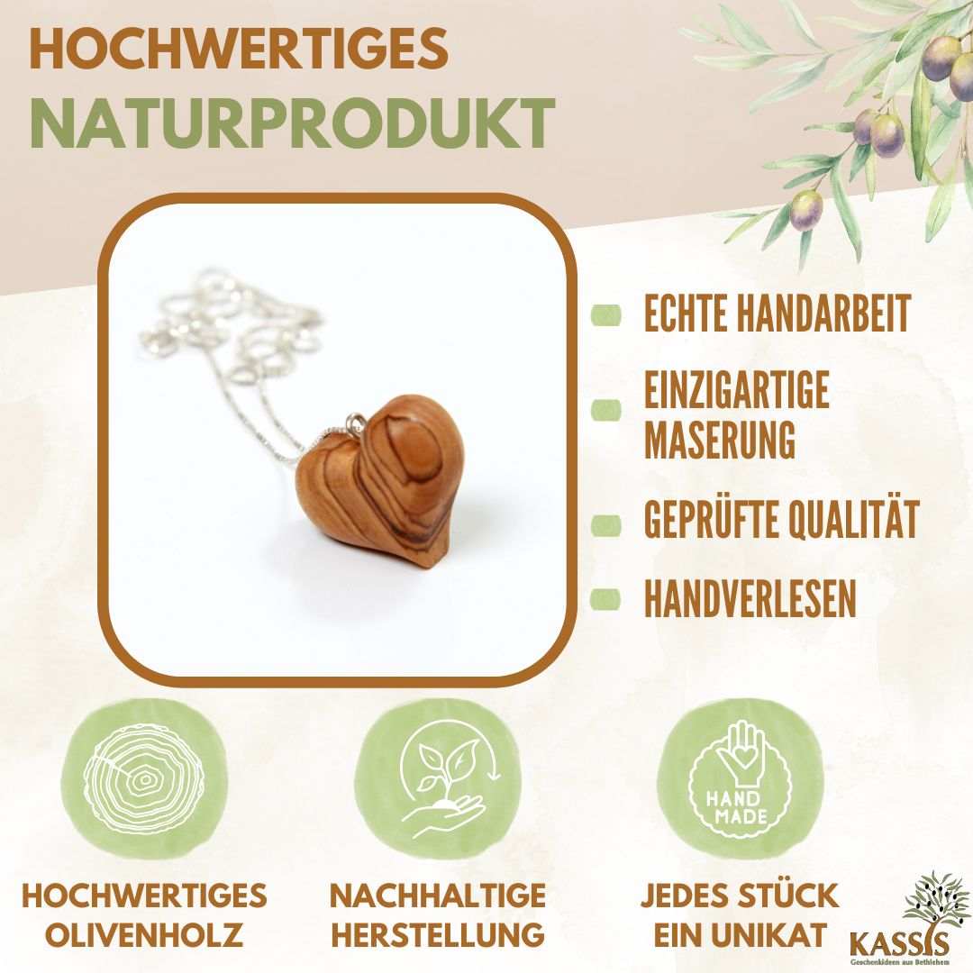 Olivenholz Herz mit Silberkette – Handgemacht aus Bethlehem