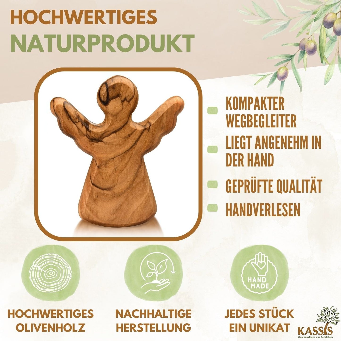 Schutzengel Handschmeichler aus Olivenholz | Kleiner Glücksbringer als Geschenk zur Taufe, Geburt & Kommunion