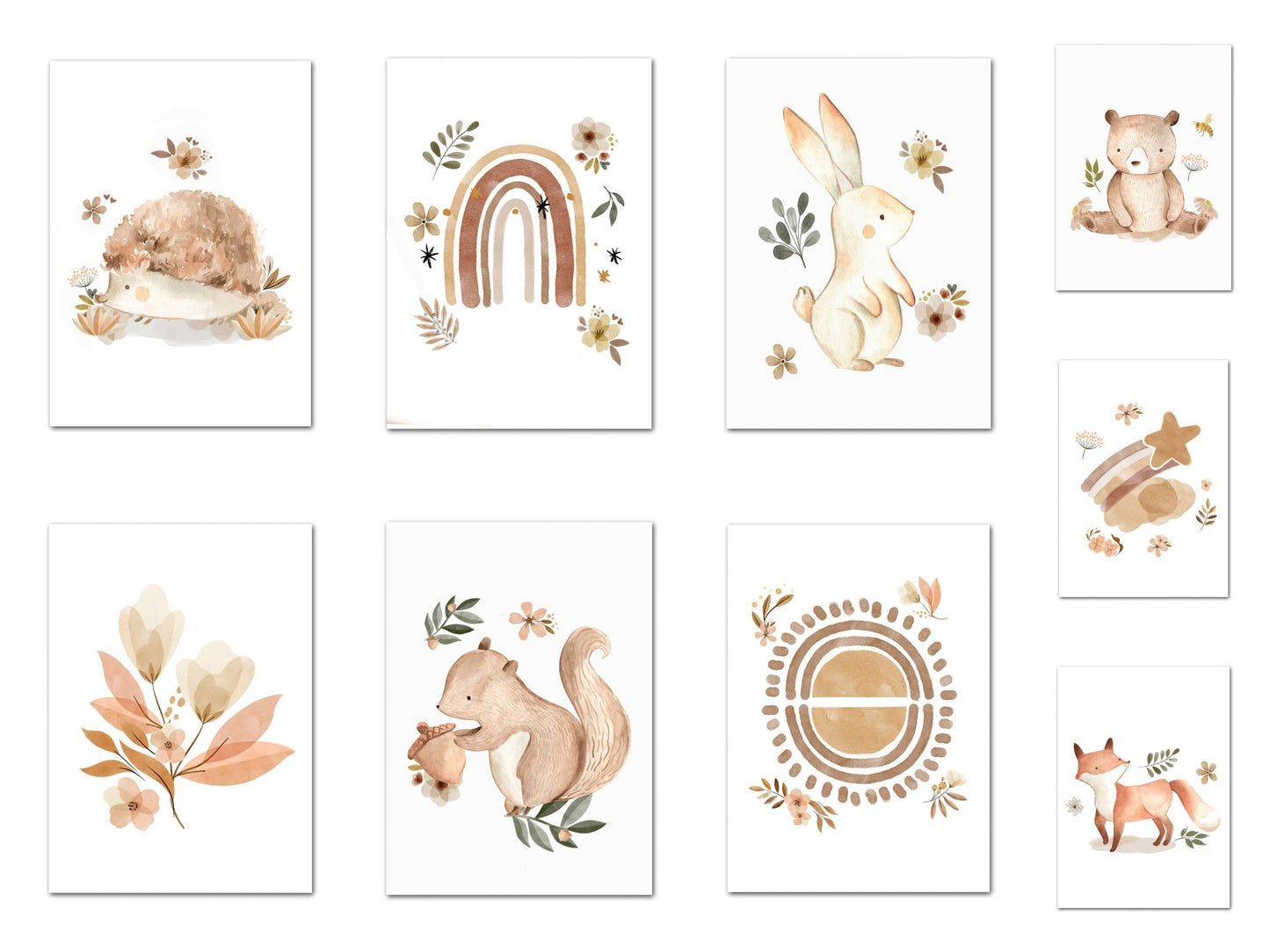 Poster Kinder Tiere Regenbogen Sternschnuppe Eichhörnchen Fuchs Igel Bär und Hase   als Deko Print ohne Rahmen