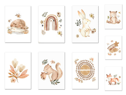 Poster Kinder Tiere Regenbogen Sternschnuppe Eichhörnchen Fuchs Igel Bär und Hase   als Deko Print ohne Rahmen